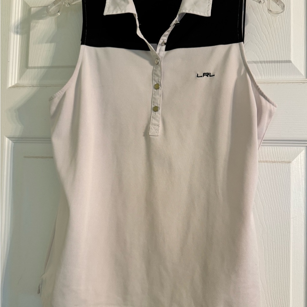 Black and White Sleeveless Fitted Ralph Lauren LRL Polo Blouse